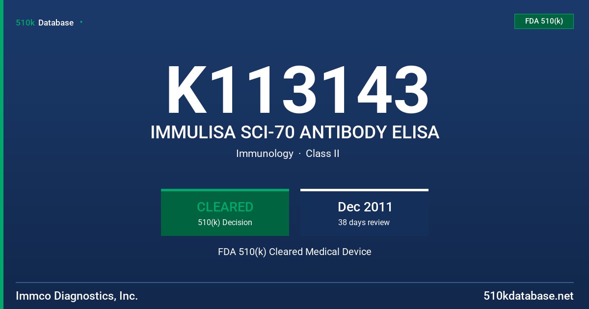K113143 IMMULISA SCI-70 ANTIBODY ELISA FDA 510(k) Cleared Medical Device