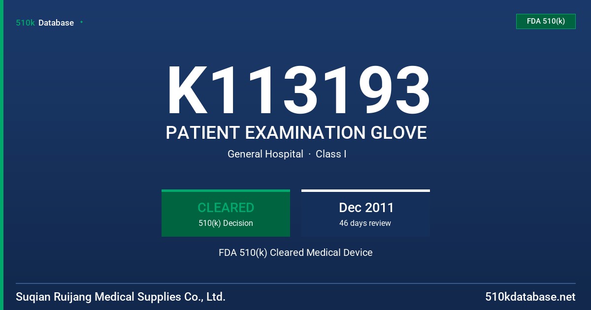 K113193 PATIENT EXAMINATION GLOVE FDA 510(k) Cleared Medical Device