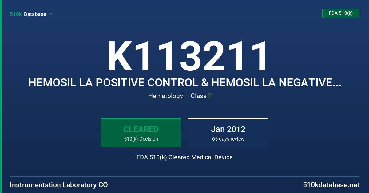 K113211 HEMOSIL LA POSITIVE CONTROL & HEMOSIL LA NEGATIVE CONTROL FDA 510(k) Cleared Medical Device