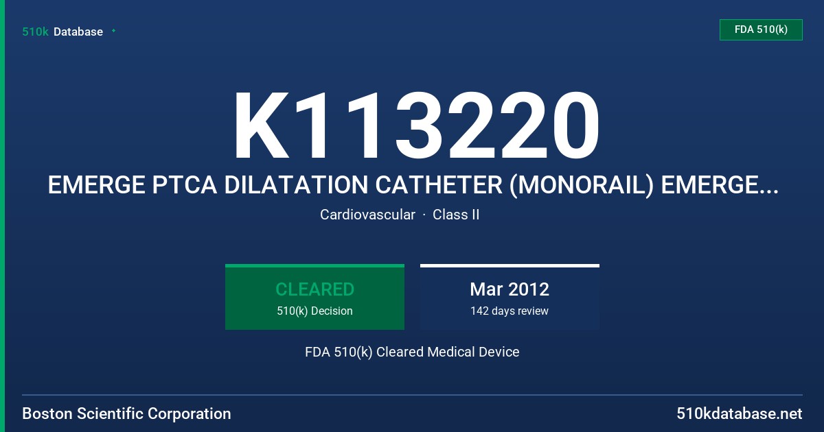K113220 EMERGE PTCA DILATATION CATHETER (MONORAIL) EMERGE PTCA  DILATATION CATHETER (OVER-THE-WIRE) FDA 510(k) Cleared Medical Device