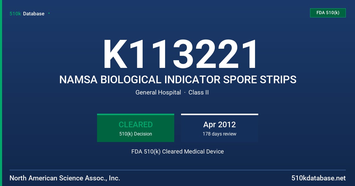 K113221 NAMSA BIOLOGICAL INDICATOR SPORE STRIPS FDA 510(k) Cleared Medical Device