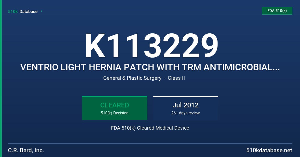 K113229 VENTRIO LIGHT HERNIA PATCH WITH TRM ANTIMICROBIAL COATING FDA 510(k) Cleared Medical Device