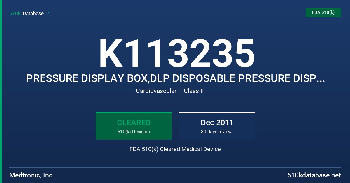 K113235 PRESSURE DISPLAY BOX,DLP DISPOSABLE PRESSURE DISPLAY SETS-NON STERILE VERSIONS FDA 510(k) Cleared Medical Device