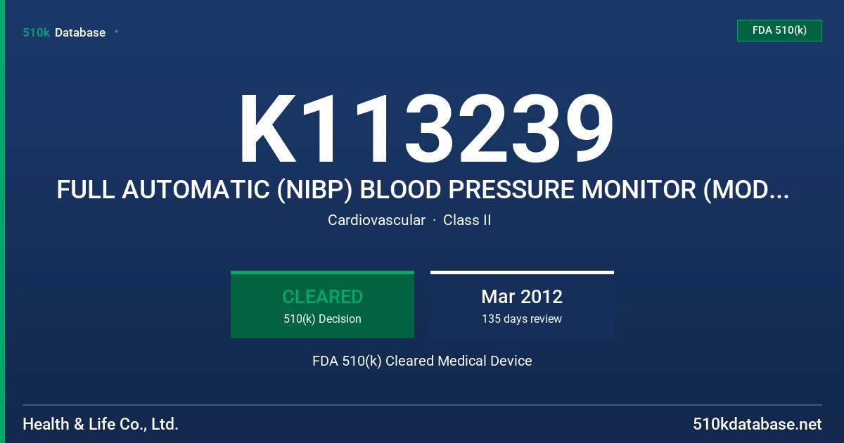 K113239 FULL AUTOMATIC (NIBP) BLOOD PRESSURE MONITOR (MODEL HL168KF) FDA 510(k) Cleared Medical Device