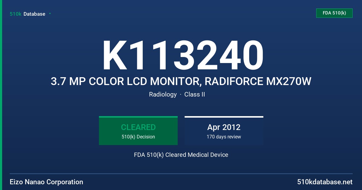 K113240 3.7 MP COLOR LCD MONITOR, RADIFORCE MX270W FDA 510(k) Cleared Medical Device