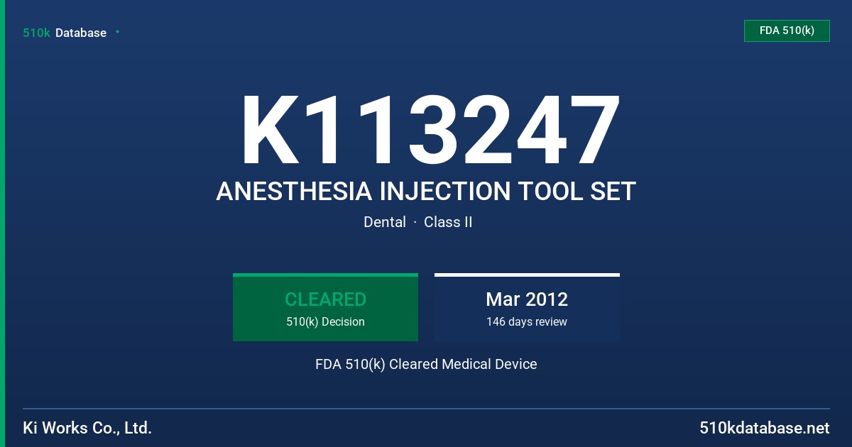 K113247 ANESTHESIA INJECTION TOOL SET FDA 510(k) Cleared Medical Device