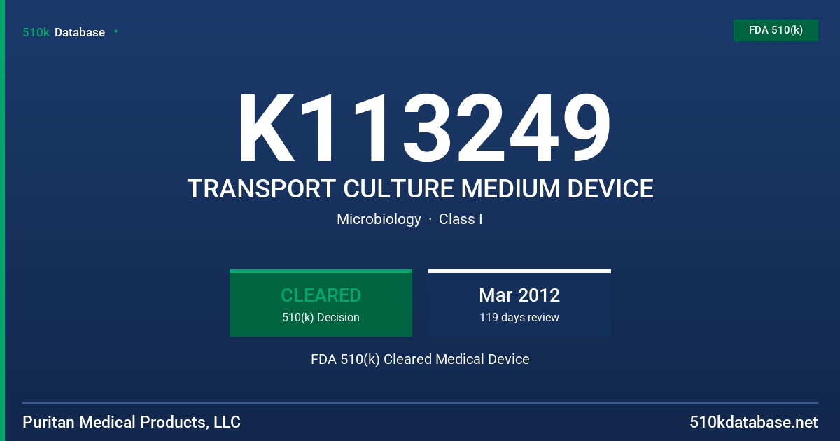 K113249 TRANSPORT CULTURE MEDIUM DEVICE FDA 510(k) Cleared Medical Device