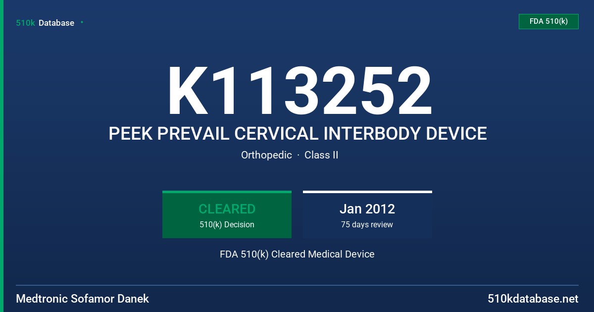 K113252 PEEK PREVAIL CERVICAL INTERBODY DEVICE FDA 510(k) Cleared Medical Device
