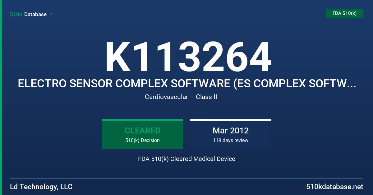 K113264 ELECTRO SENSOR COMPLEX SOFTWARE (ES COMPLEX SOFTWARE) FDA 510(k) Cleared Medical Device