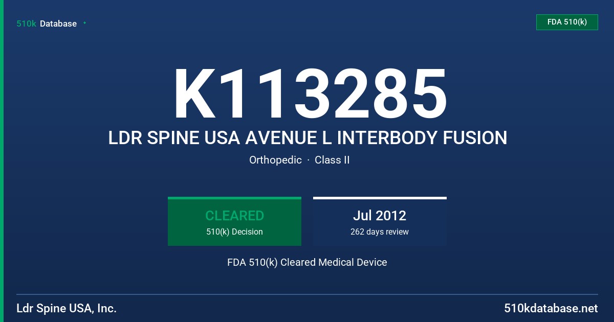 K113285 LDR SPINE USA AVENUE L INTERBODY FUSION FDA 510(k) Cleared Medical Device