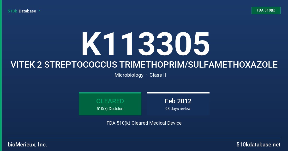 K113305 VITEK 2 STREPTOCOCCUS TRIMETHOPRIM/SULFAMETHOXAZOLE FDA 510(k) Cleared Medical Device