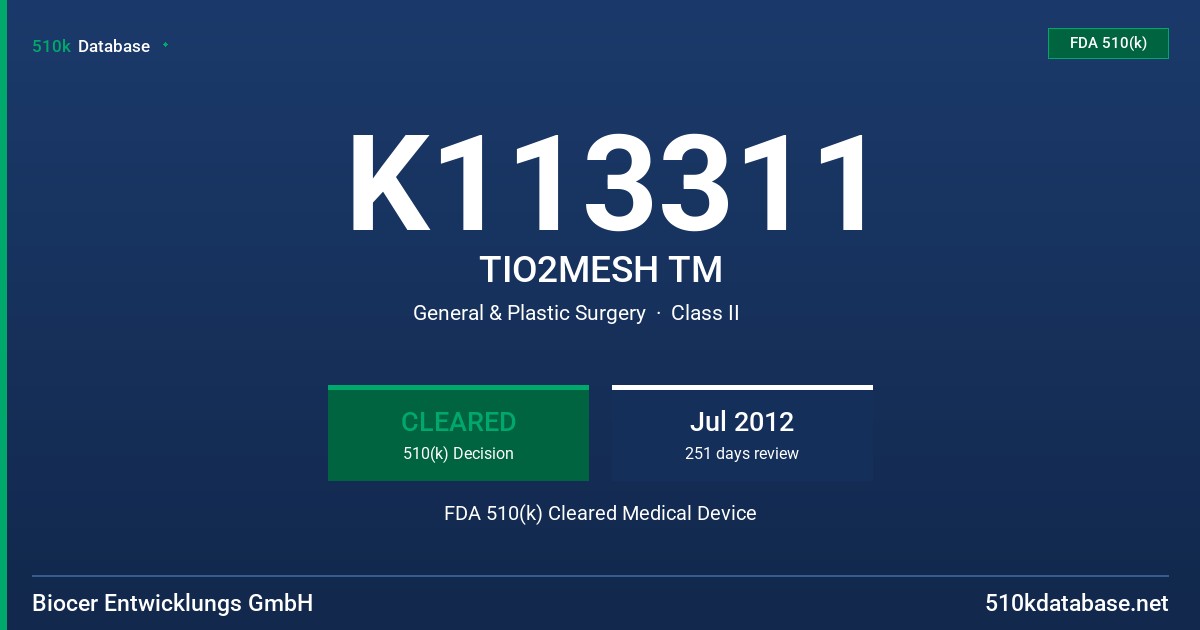 K113311 TIO2MESH TM FDA 510(k) Cleared Medical Device