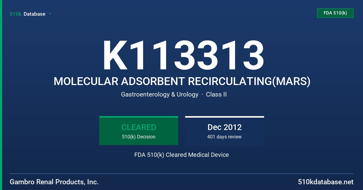 K113313 MOLECULAR ADSORBENT RECIRCULATING(MARS) FDA 510(k) Cleared Medical Device