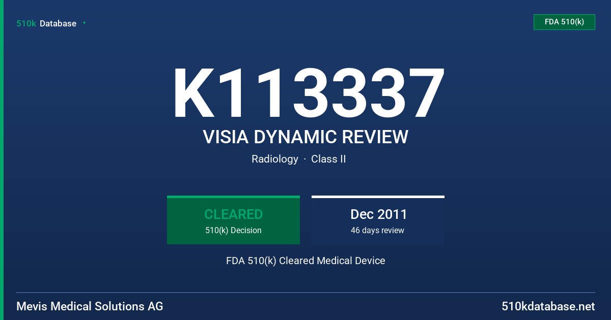 K113337 VISIA DYNAMIC REVIEW FDA 510(k) Cleared Medical Device