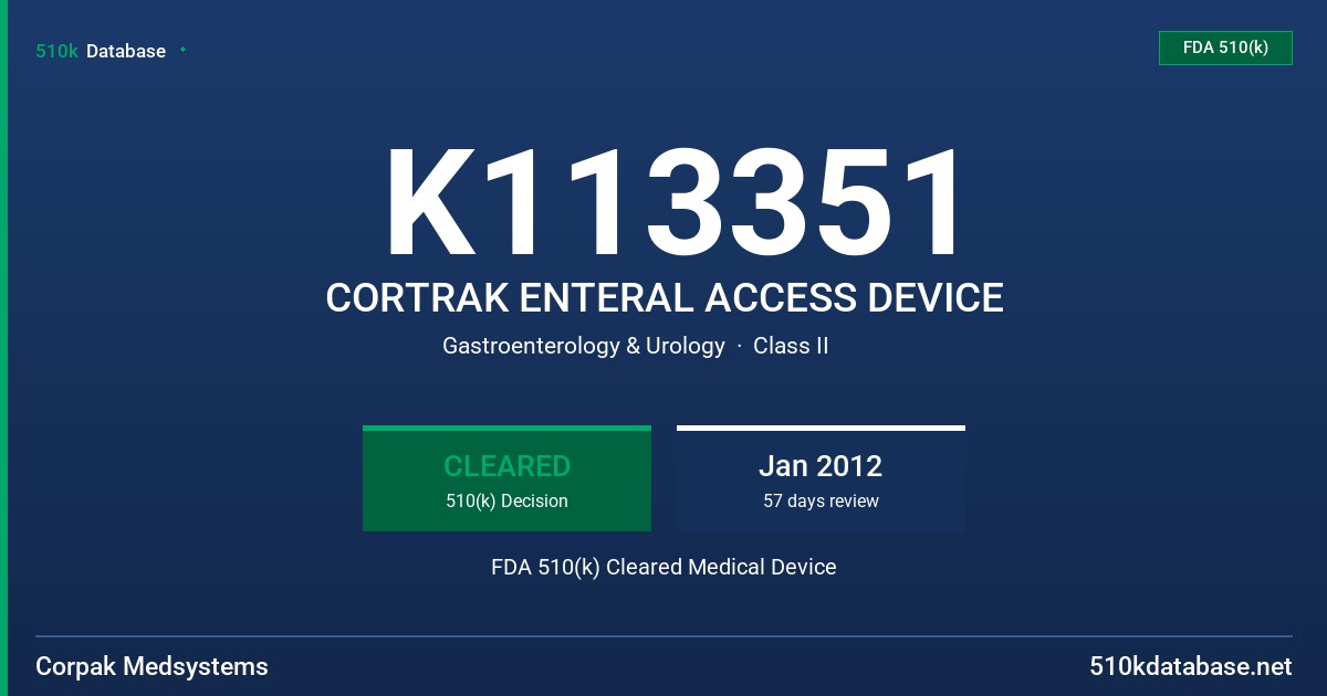 K113351 CORTRAK ENTERAL ACCESS DEVICE FDA 510(k) Cleared Medical Device