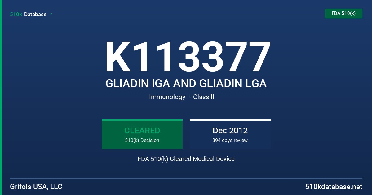 K113377 GLIADIN IGA AND GLIADIN LGA FDA 510(k) Cleared Medical Device