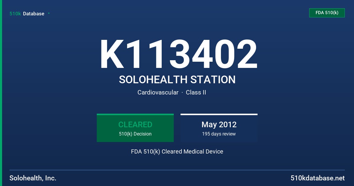 K113402 SOLOHEALTH STATION FDA 510(k) Cleared Medical Device