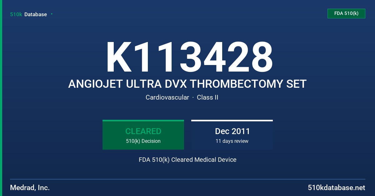 K113428 ANGIOJET ULTRA DVX THROMBECTOMY SET FDA 510(k) Cleared Medical Device