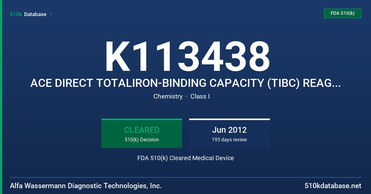 K113438 ACE DIRECT TOTALIRON-BINDING CAPACITY (TIBC) REAGENT, ACE SERUM IRON REAGENT, ACE LIPASE REAGENT FDA 510(k) Cleared Medical Device