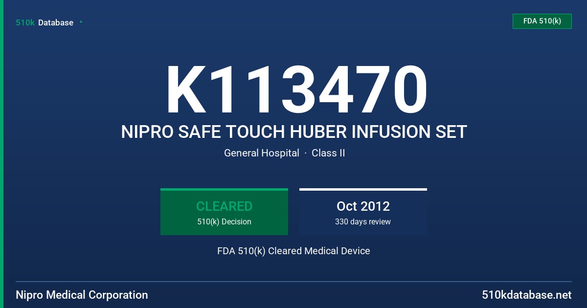K113470 NIPRO SAFE TOUCH HUBER INFUSION SET FDA 510(k) Cleared Medical Device