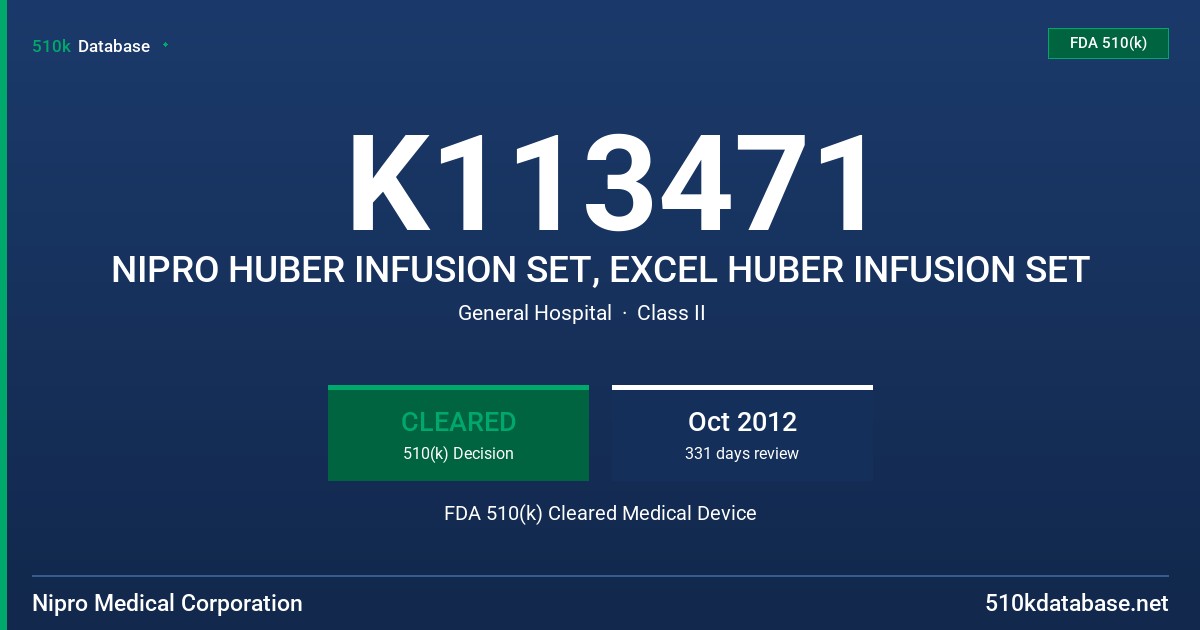K113471 NIPRO HUBER INFUSION SET, EXCEL HUBER INFUSION SET FDA 510(k) Cleared Medical Device