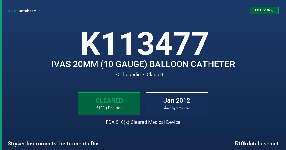 K113477 IVAS 20MM (10 GAUGE) BALLOON CATHETER FDA 510(k) Cleared Medical Device