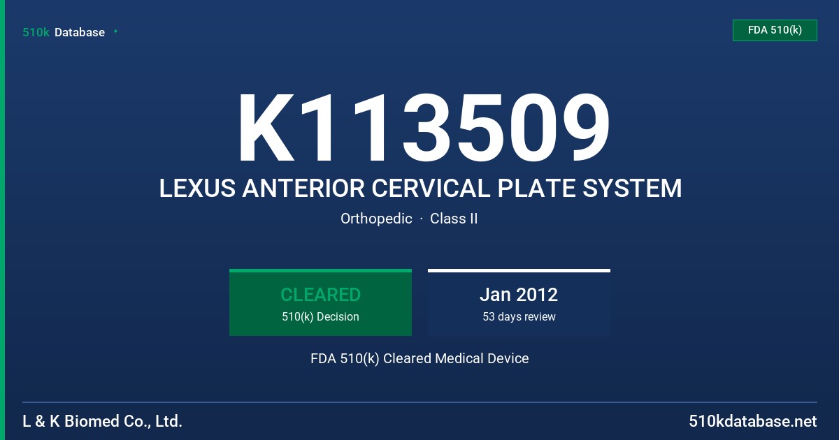 K113509 LEXUS ANTERIOR CERVICAL PLATE SYSTEM FDA 510(k) Cleared Medical Device