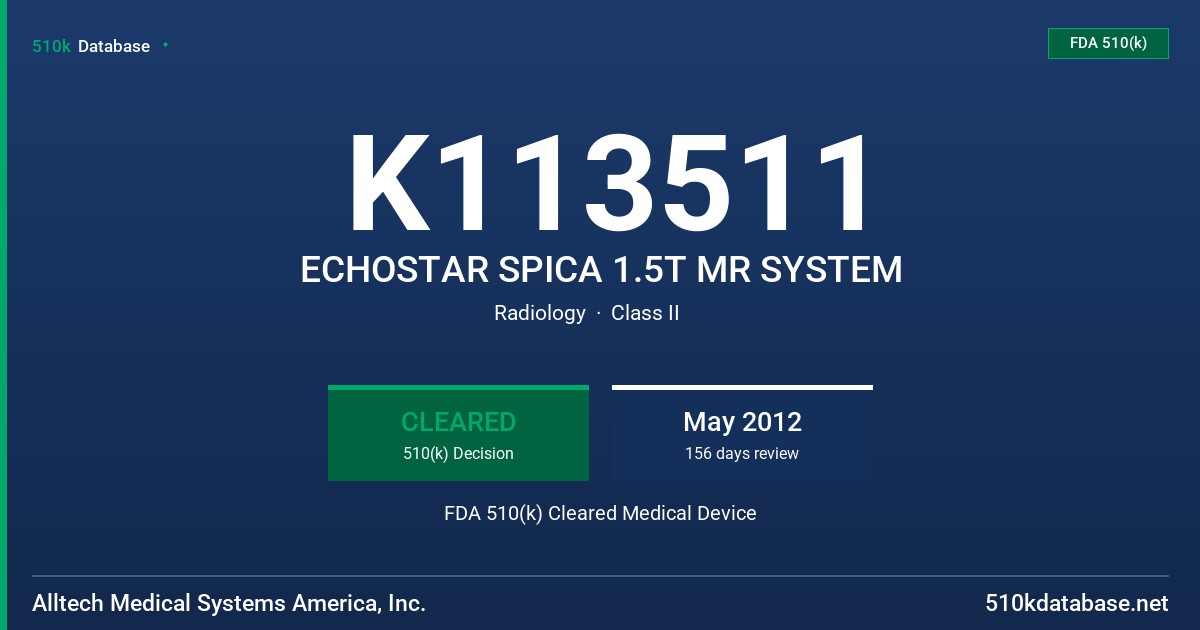 K113511 ECHOSTAR SPICA 1.5T MR SYSTEM FDA 510(k) Cleared Medical Device