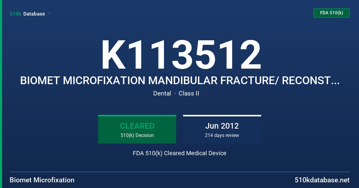 K113512 BIOMET MICROFIXATION MANDIBULAR FRACTURE/ RECONSTRUCTION DEVICES AND PREBENT PLATES SYSTEM FDA 510(k) Cleared Medical Device
