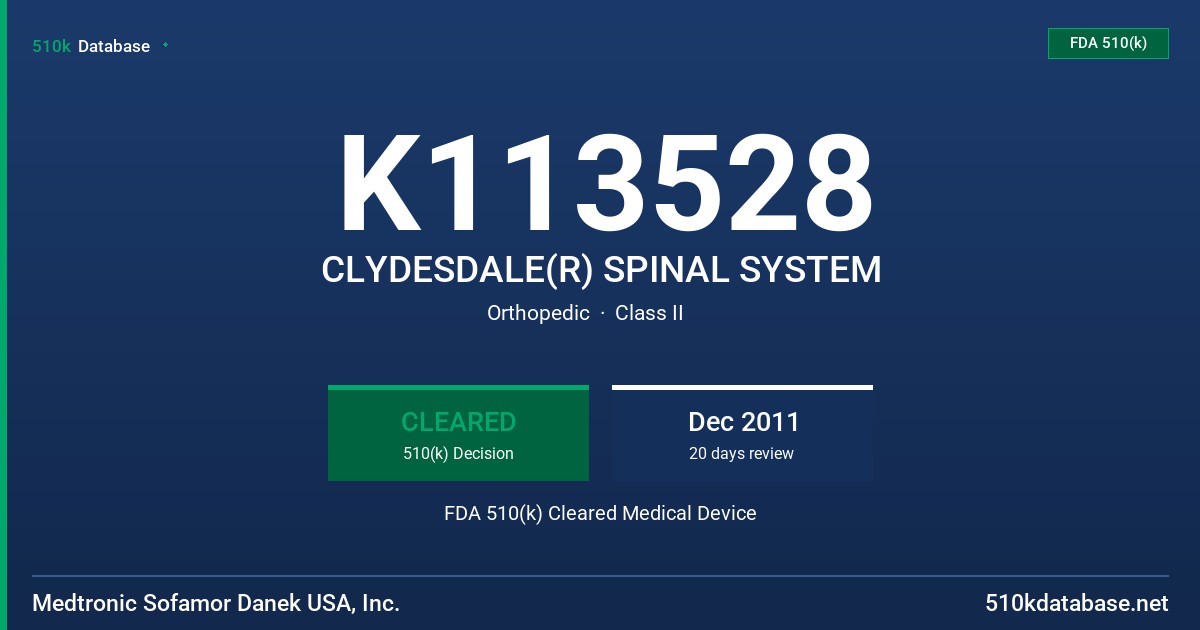 K113528 CLYDESDALE(R) SPINAL SYSTEM FDA 510(k) Cleared Medical Device