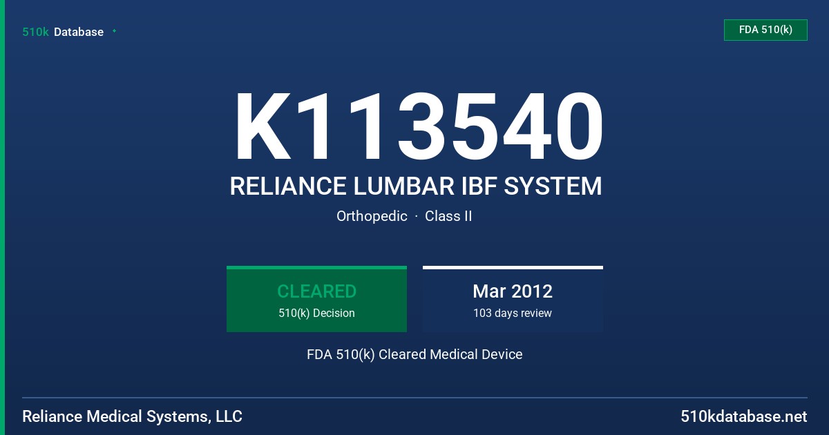 K113540 RELIANCE LUMBAR IBF SYSTEM FDA 510(k) Cleared Medical Device