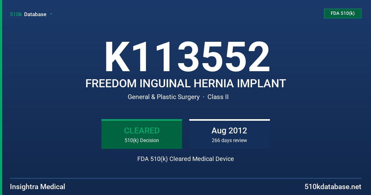 K113552 FREEDOM INGUINAL HERNIA IMPLANT FDA 510(k) Cleared Medical Device