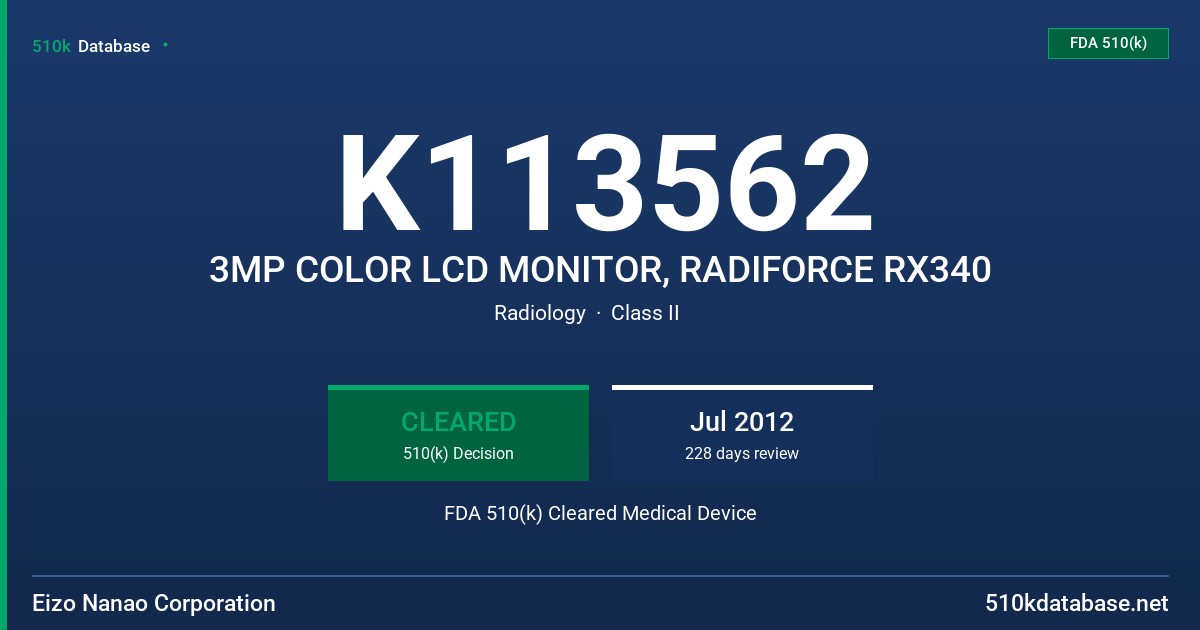 K113562 3MP COLOR LCD MONITOR, RADIFORCE RX340 FDA 510(k) Cleared Medical Device