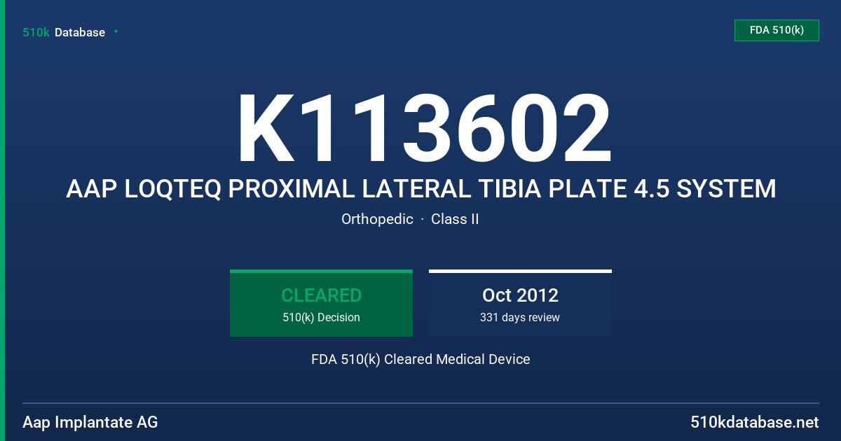 K113602 AAP LOQTEQ PROXIMAL LATERAL TIBIA PLATE 4.5 SYSTEM FDA 510(k) Cleared Medical Device