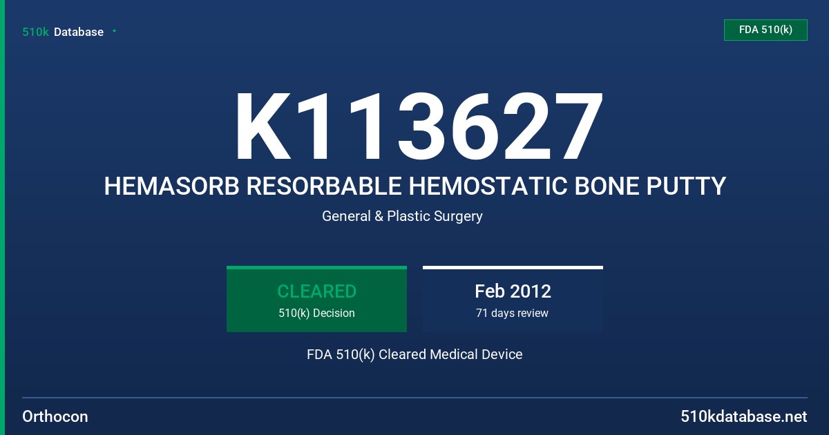 K113627 HEMASORB RESORBABLE HEMOSTATIC BONE PUTTY FDA 510(k) Cleared Medical Device