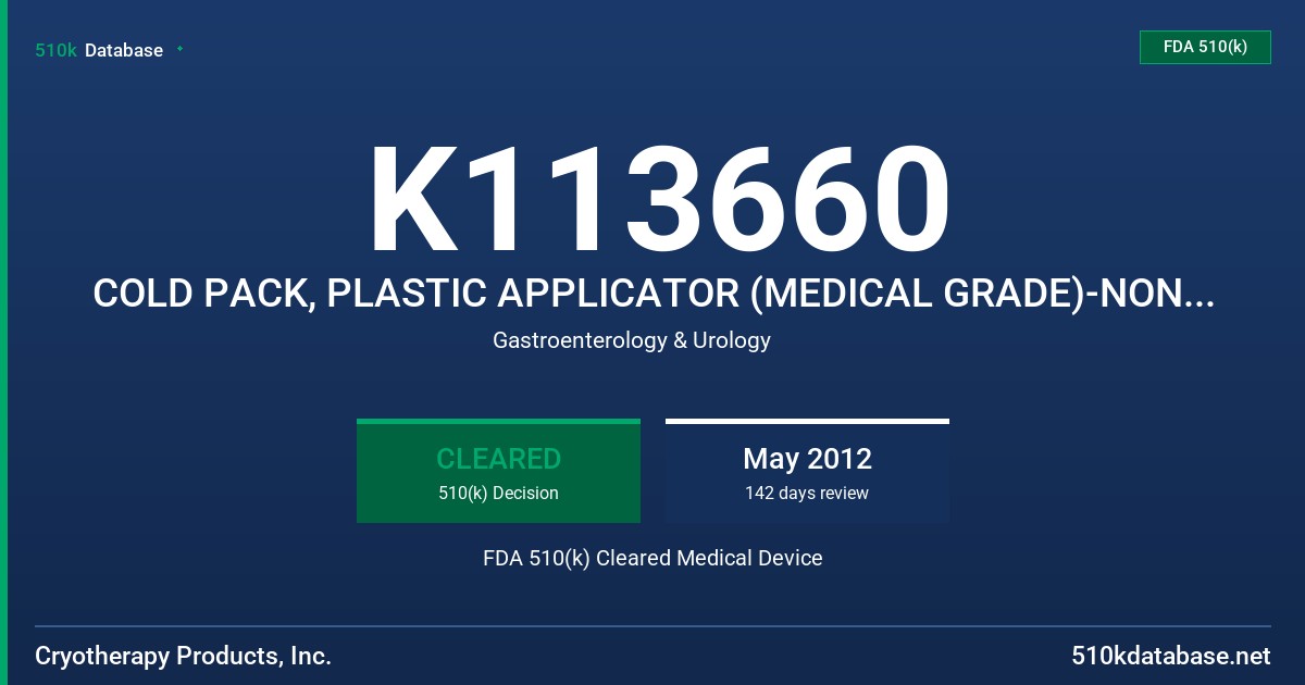K113660 COLD PACK, PLASTIC APPLICATOR (MEDICAL GRADE)-NON-CHEMICAL FDA 510(k) Cleared Medical Device