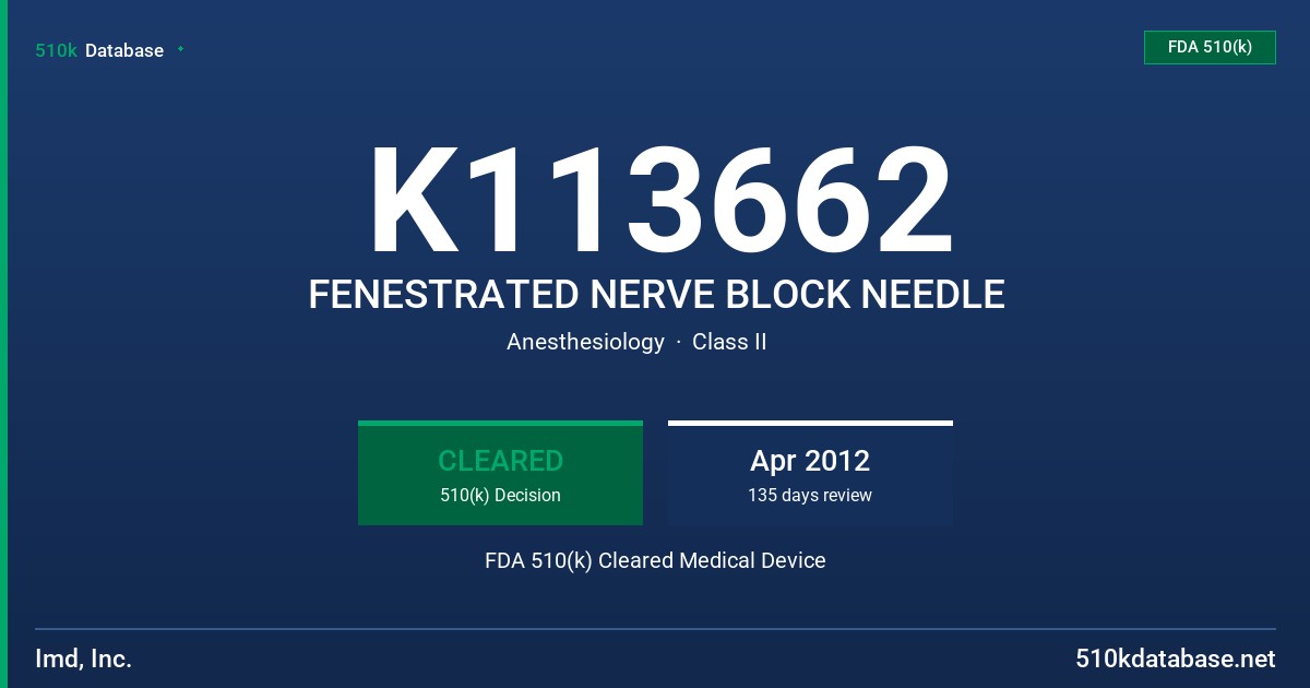 K113662 FENESTRATED NERVE BLOCK NEEDLE FDA 510(k) Cleared Medical Device