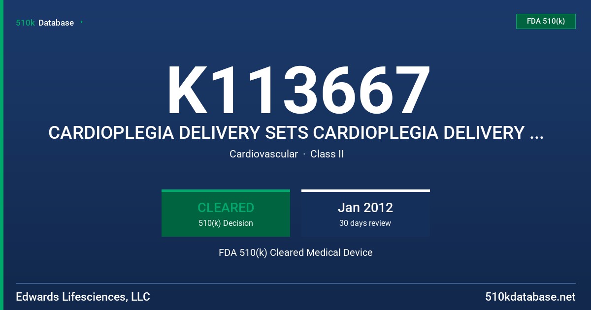 K113667 CARDIOPLEGIA DELIVERY SETS CARDIOPLEGIA DELIVERY SETS WITH DURAFLO COATING FDA 510(k) Cleared Medical Device