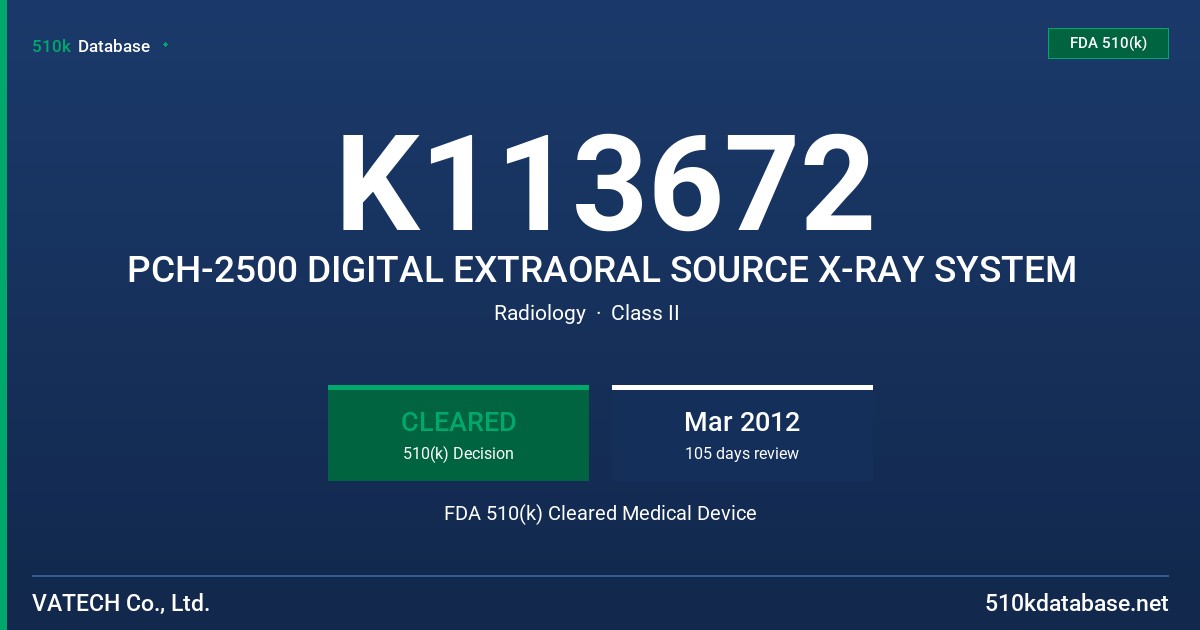 K113672 PCH-2500 DIGITAL EXTRAORAL SOURCE X-RAY SYSTEM FDA 510(k) Cleared Medical Device