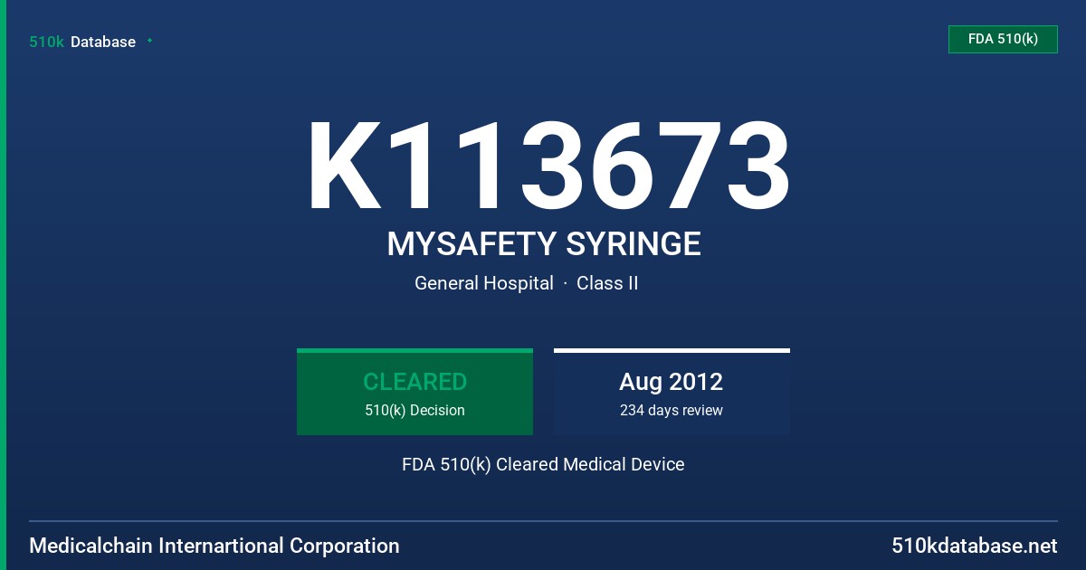 K113673 MYSAFETY SYRINGE FDA 510(k) Cleared Medical Device