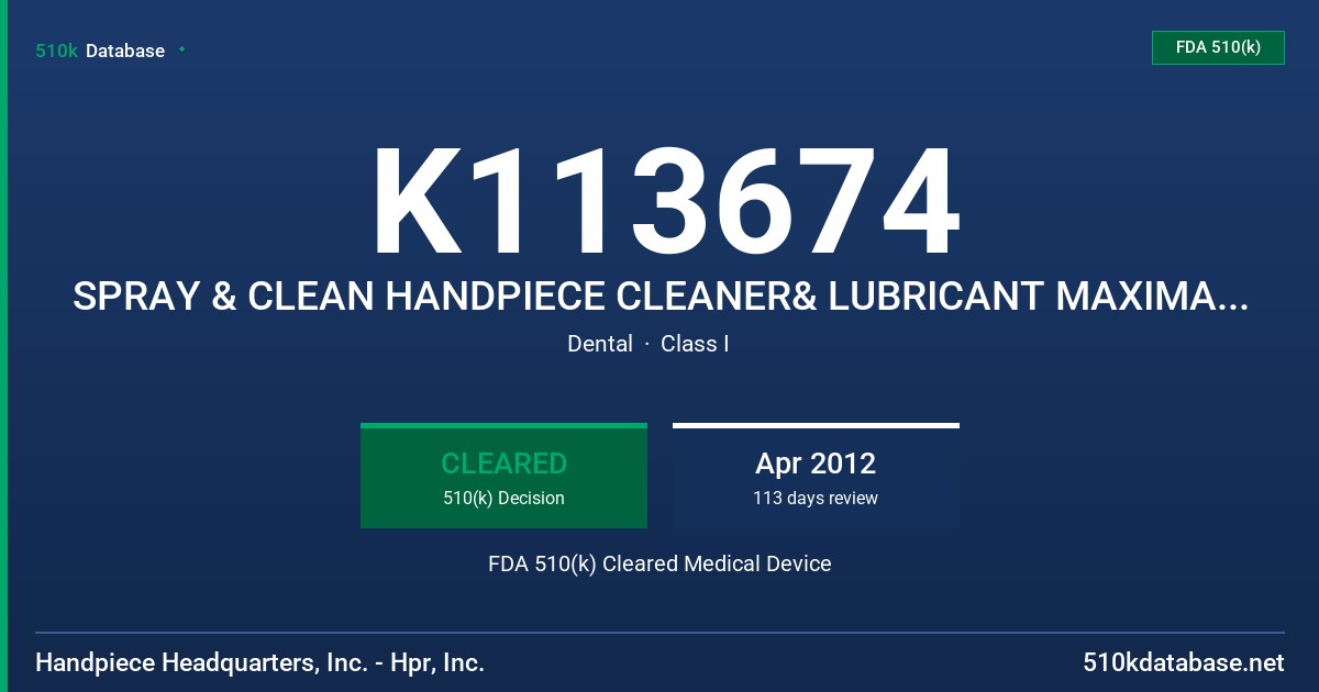 K113674 SPRAY & CLEAN HANDPIECE CLEANER& LUBRICANT MAXIMA HANDPIECE CLEANER & LUBRICANT EZCARE HANDPIECE CLEANER & LUBRICANT FDA 510(k) Cleared Medical Device