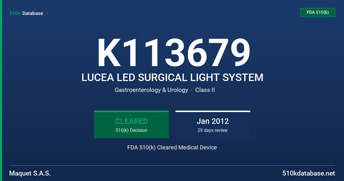 K113679 LUCEA LED SURGICAL LIGHT SYSTEM FDA 510(k) Cleared Medical Device