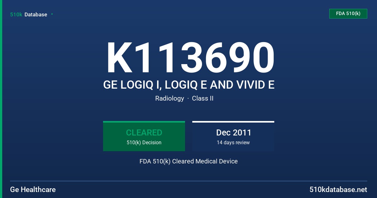 K113690 GE LOGIQ I, LOGIQ E AND VIVID E FDA 510(k) Cleared Medical Device