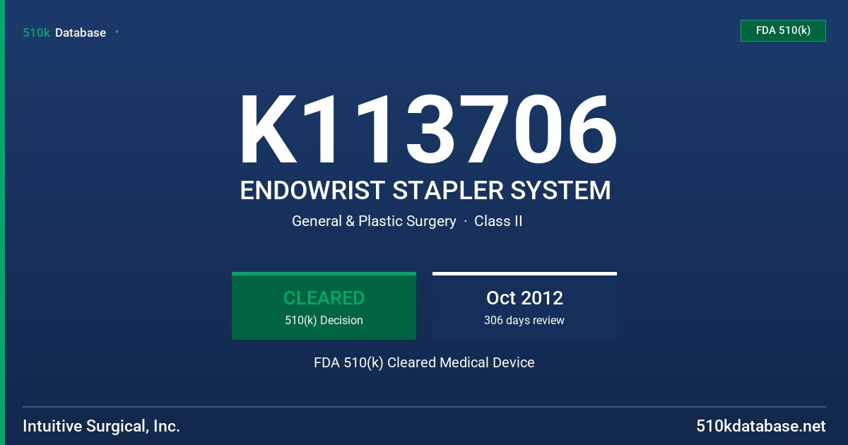 K113706 ENDOWRIST STAPLER SYSTEM FDA 510(k) Cleared Medical Device