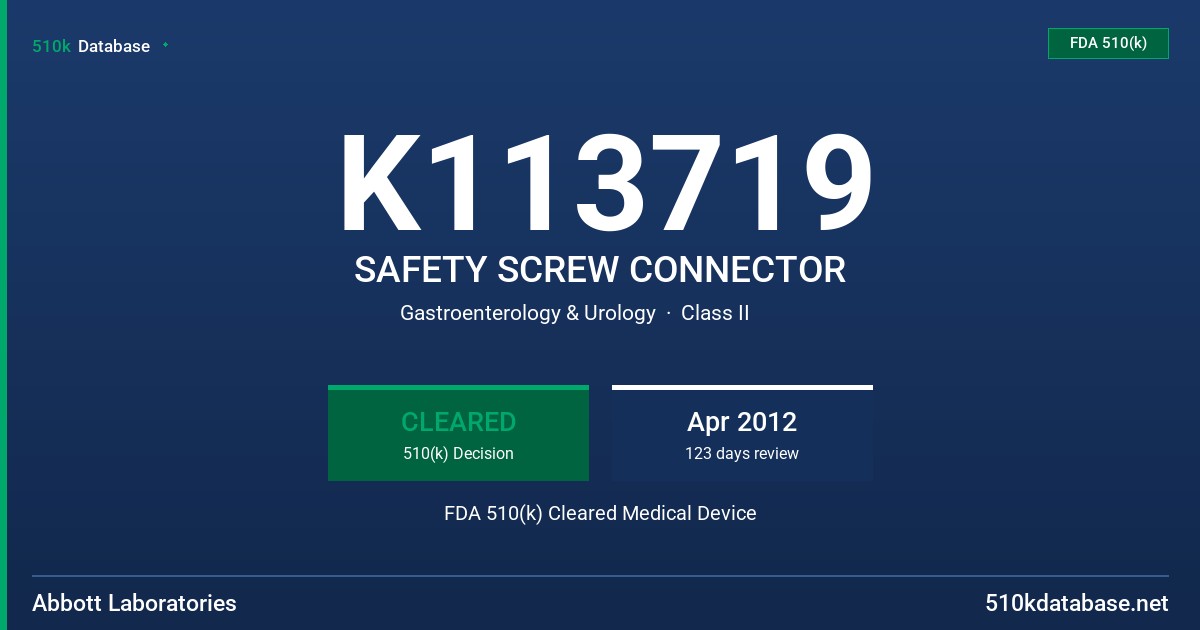 K113719 SAFETY SCREW CONNECTOR FDA 510(k) Cleared Medical Device