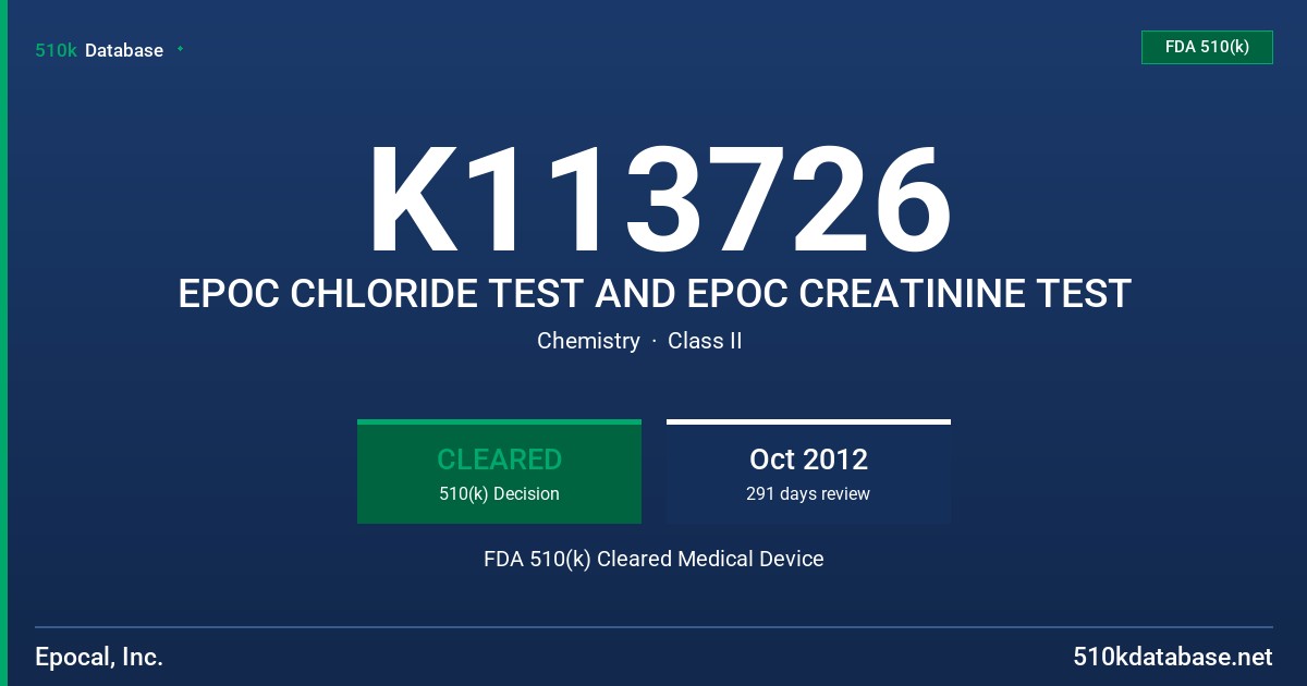 K113726 EPOC CHLORIDE TEST AND EPOC CREATININE TEST FDA 510(k) Cleared Medical Device