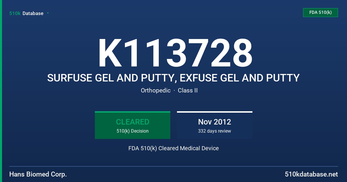 K113728 SURFUSE GEL AND PUTTY, EXFUSE GEL AND PUTTY FDA 510(k) Cleared Medical Device