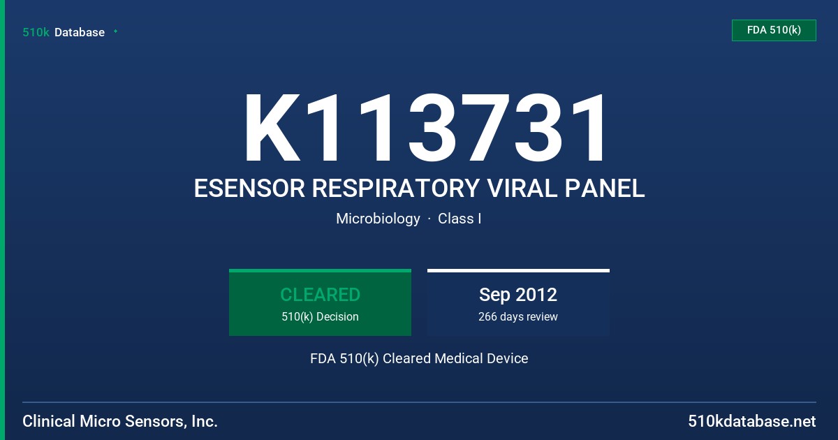 K113731 ESENSOR RESPIRATORY VIRAL PANEL FDA 510(k) Cleared Medical Device