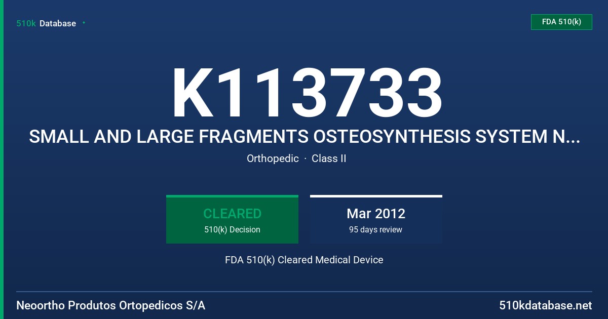 K113733 SMALL AND LARGE FRAGMENTS OSTEOSYNTHESIS SYSTEM NEOFIX FDA 510(k) Cleared Medical Device