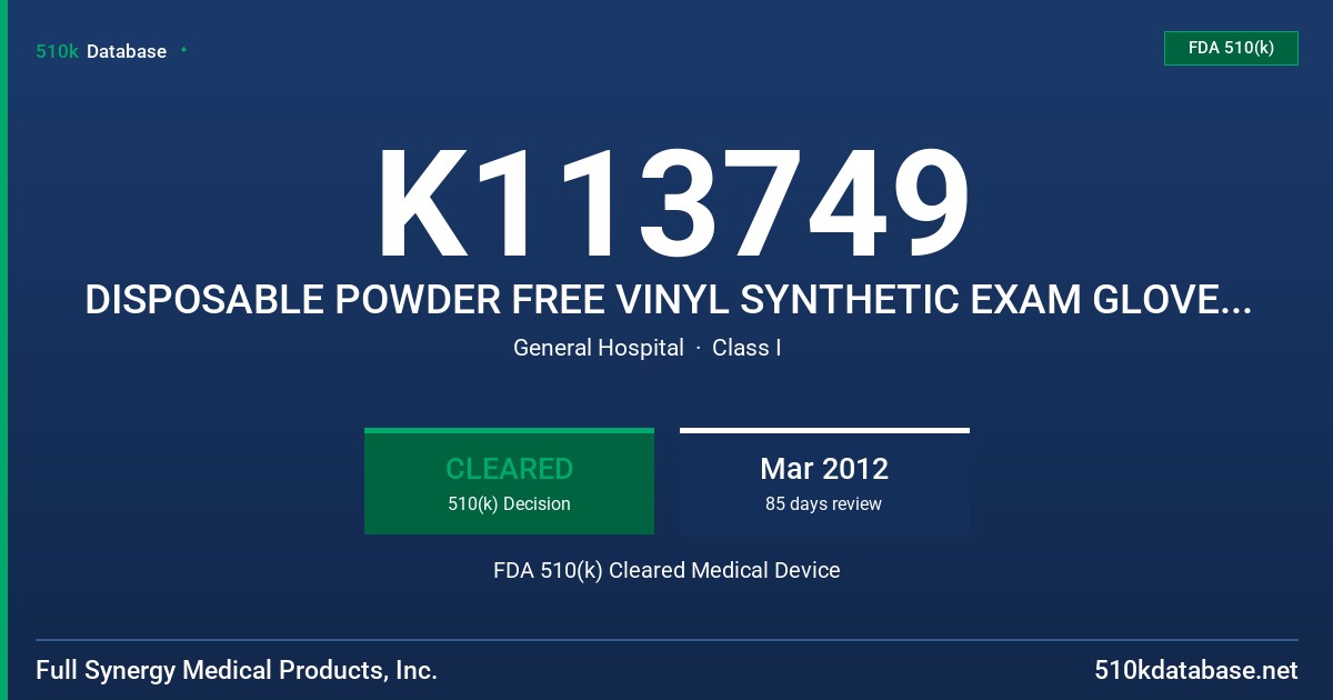 K113749 DISPOSABLE POWDER FREE VINYL SYNTHETIC EXAM GLOVES, WITH ALOE VERA, GREEN COLOR FDA 510(k) Cleared Medical Device